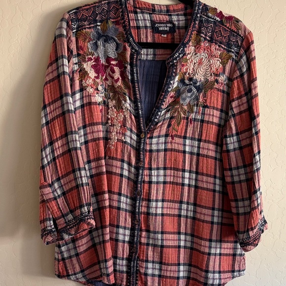 Johnny Was Multicolor Embroidered Plaid Top - Picture 6 of 6